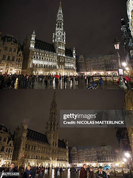 Combo picture taken on March 28, 2015 in Brussels shows theGrand-Place - Grote Markt being submerged into darkness for the Earth Hour environmental...