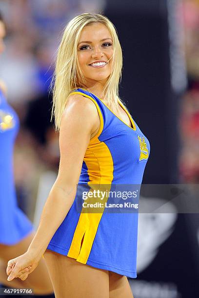 Cheerleader of the UCLA Bruins performs against the Gonzaga Bulldogs during the South Regional Semifinal round of the 2015 NCAA Men's Basketball...