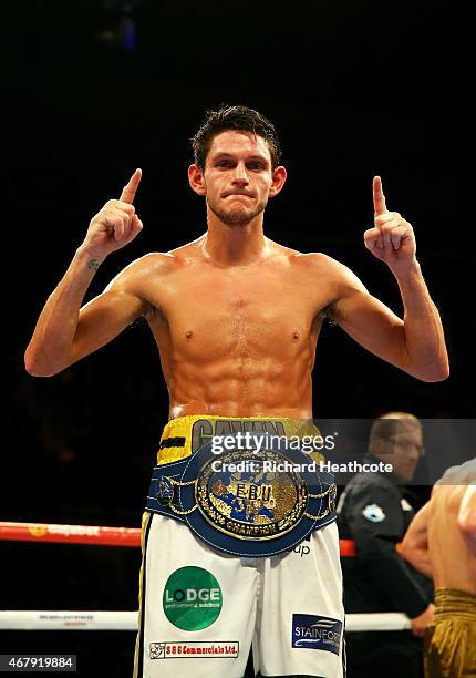 New champion Gavin McDonnell of Great Britain celebrates his victory over Oleksandr Yegorov of Ukraine during the vacant european super Bantamweight...