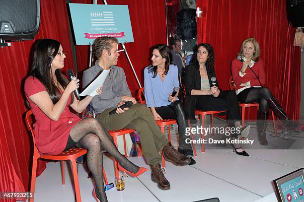 Patti Stanger, Perez Hilton, Emily Morse, Anna Breslow and Dr. Helen Fisher host a discussion panel at the Match.com Dating Confessions panel hosted...