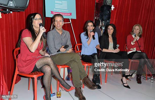 Patti Stanger, Perez Hilton, Emily Morse, Anna Breslow and Dr. Helen Fisher host a discussion panel at the Match.com Dating Confessions panel hosted...