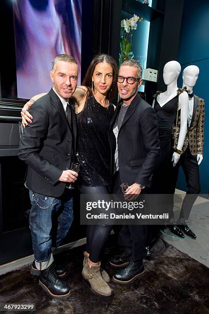 Designer Dan Caten, Benedetta Mazzini and Dean Caten attend Dsquared2 St. Moritz New Store Opening Cocktail Reception on February 8, 2014 in St...