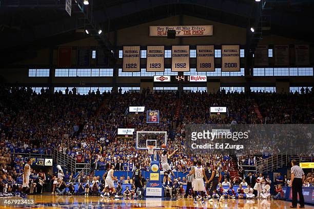 Andrew Wiggins of the Kansas Jayhawks lays the ball up against the West Virginia Mountaineers in the second half at Allen Fieldhouse on February 8,...