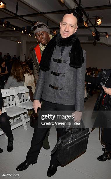 Personalities J. Alexander photobombs Robert Verdi at the Rebecca Taylor fashion show during Mercedes-Benz Fashion Week Fall 2014 at Center 548 on...