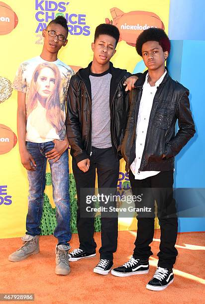 Musicians Alec Atkins, Jarad Dawkins and Malcolm Brickhouse of Unlocking the Truth attend Nickelodeon's 28th Annual Kids' Choice Awards held at The...