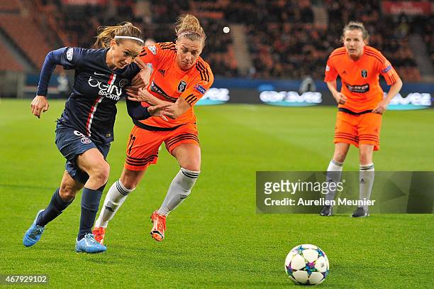 Kosovare Asilani Paris Saint-Germain and Nicola Docherty of Glasgow in action during the UEFA Woman's Champions League Quarter Final match between...