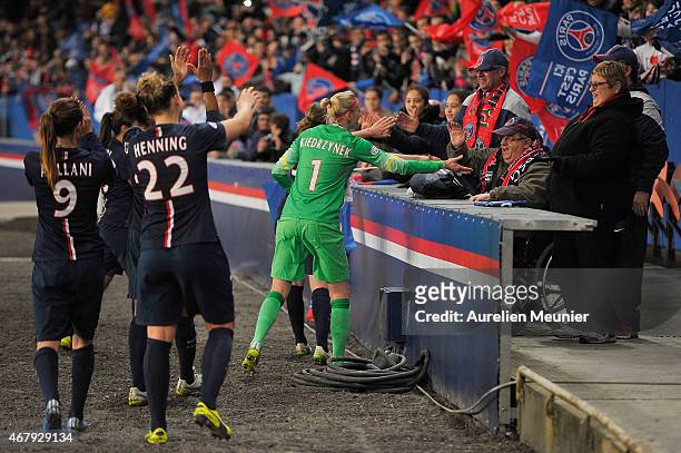 Paris Saint-Germain team sharing the victory with their fans after the UEFA Woman's Champions League Quarter Final match between Glasgow City and...