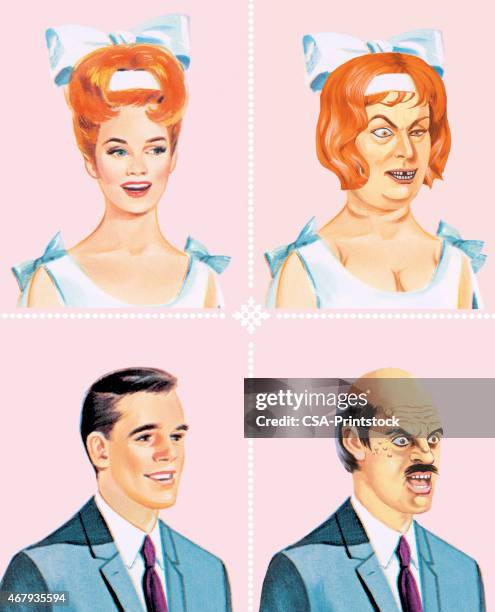 pretty and ugly bride and groom - ginger man stock illustrations