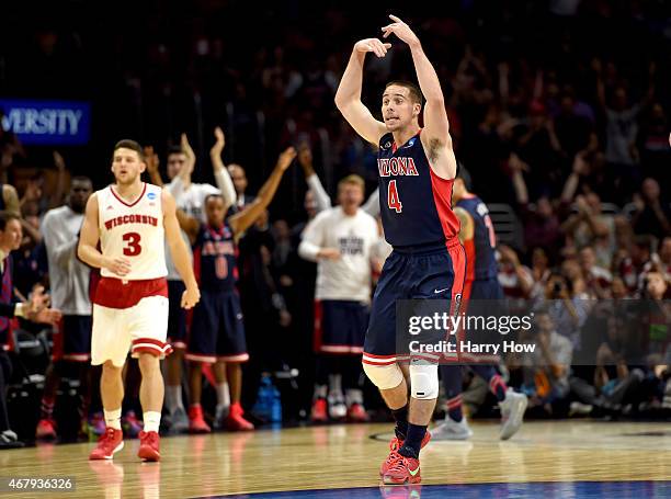 McConnell of the Arizona Wildcats reacts in the first half while taking on the Wisconsin Badgers during the West Regional Final of the 2015 NCAA...