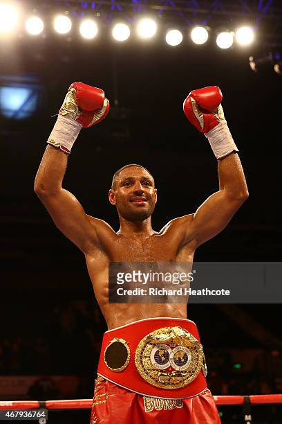 Kell Brook celebrates after beating Jo Jo Dan during their IBF World Welterweight Title Fight at the Motorpoint Arena on March 28, 2015 in Sheffield,...
