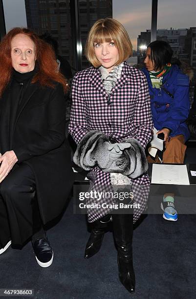 Grace Coddington and Anna Wintour attend the Altuzarra fashion show during Mercedes-Benz Fashion Week Fall 2014 at Spring Studios on February 8, 2014...