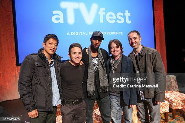 Actor Sung Kang, producer Robert Munic, actor RZA, executive producer Scott Rosenbaum, and executive producer Chris Morgan pose after a panel...