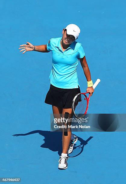 Victoria Kan of Russia reacts after losing a point in her singles match against Samantha Stosur of Australia during the Fed Cup tie between Australia...
