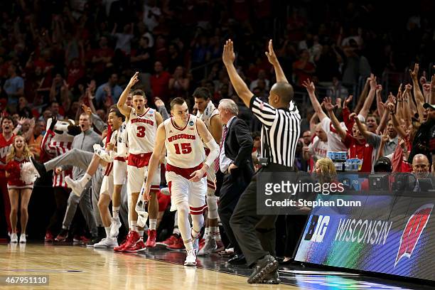 Sam Dekker of the Wisconsin Badgers reacts after making a three-pointer in the second half while taking on the Arizona Wildcats during the West...
