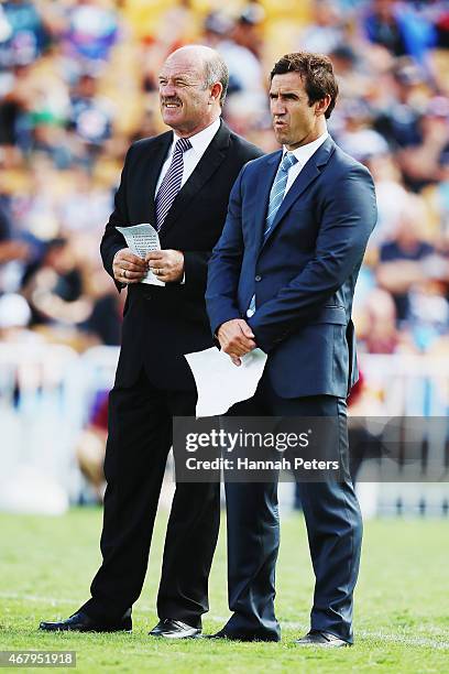 Former rugby league players Wally Lewis and Andrew Johns look on prior to the round four NRL match between the New Zealand Warriors and the Brisbane...