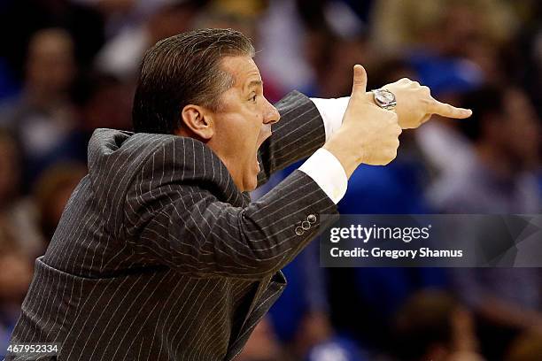 Head coach John Calipari of the Kentucky Wildcats reacts on the sideline in the first half against the Notre Dame Fighting Irish during the Midwest...