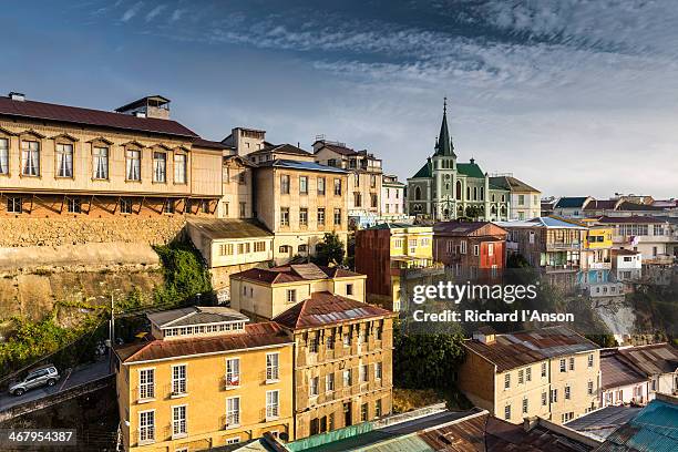 lutheran church & houses on concepcion hill - biobio stock pictures, royalty-free photos & images