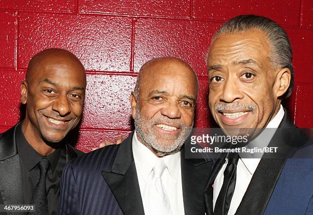 President of Music, Programming, and Specials of BET Networks Stephen G. Hill, record producer Berry Gordy, and Reverend Al Sharpton pose backstage...