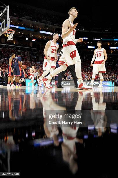 Sam Dekker of the Wisconsin Badgers reacts in the second half while taking on the Arizona Wildcats during the West Regional Final of the 2015 NCAA...