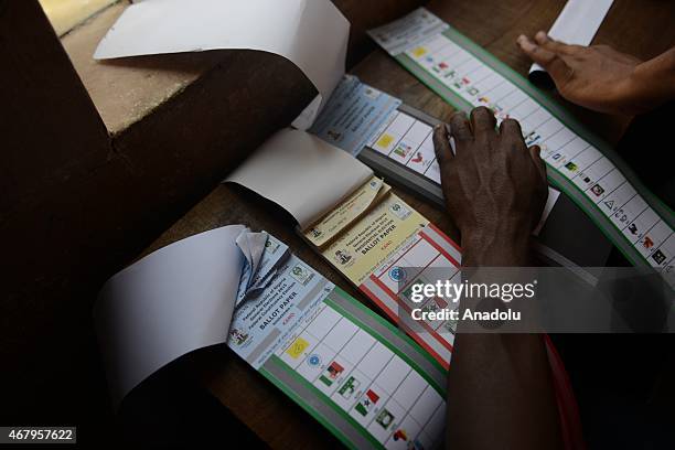 Registration papers are seen at Daawa polling station in Nasarawa region of Kano, Nigeria on 28 March 2015. Millions of voters head to the polls in...