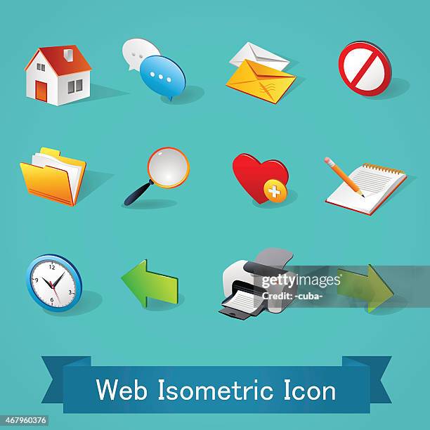 blue internet and web isometric icons - isometric printer stock illustrations