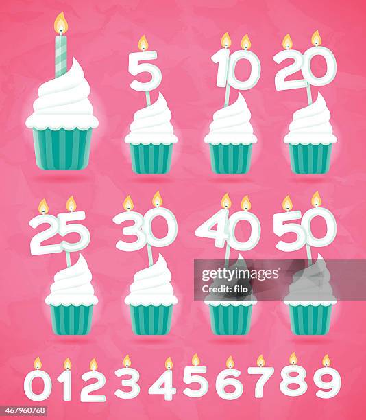 jubiläum, geburtstag oder feier cupcakes - kerze stock-grafiken, -clipart, -cartoons und -symbole