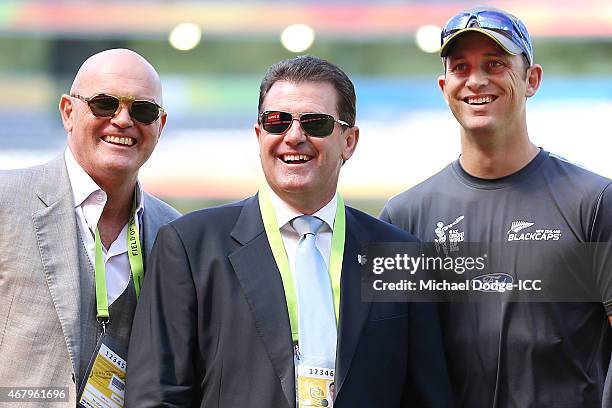 New Zealand legend Martin Crowe poses with former Australian Captain Mark Taylor and New Zealand player Shane Bond reacts during the 2015 ICC Cricket...