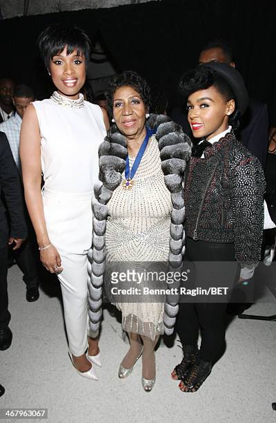 Jennifer Hudson, Aretha Franklin, and Janelle Monae pose backstage at BET Honors 2014 at Warner Theatre on February 8, 2014 in Washington, DC.