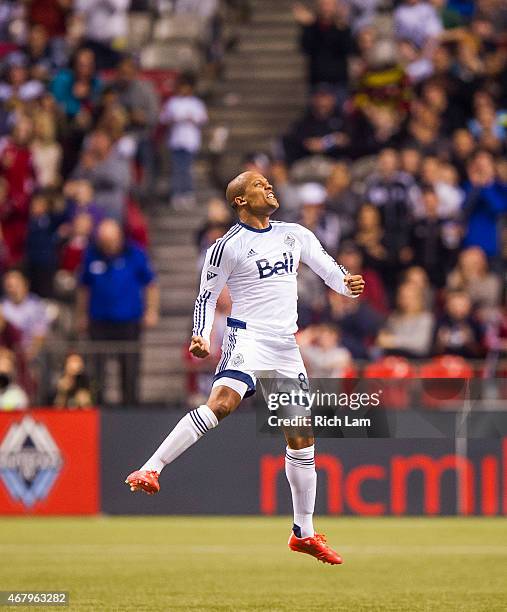 Robert Earnshaw of the Vancouver Whitecaps FC celebrates at the final whistle as the Whitecaps FC defeat the Portland Timbers 2-1 in MLS action on...