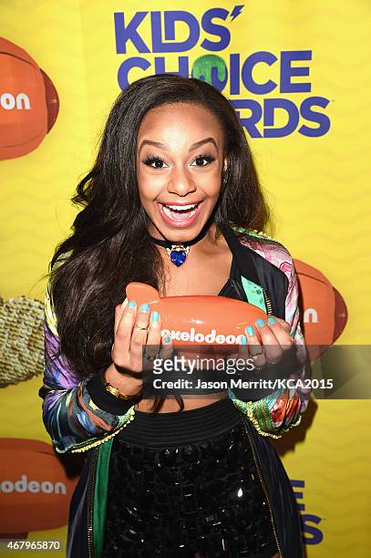 Dancer Nia Sioux Frazier from the show "Dance Moms" poses backstage at Nickelodeon's 28th Annual Kids' Choice Awards held at The Forum on March 28,...
