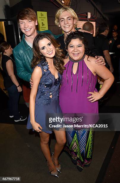 Actors Calum Worthy, Laura Marano, Ross Lynch, and Raini Rodriguez attend Nickelodeon's 28th Annual Kids' Choice Awards held at The Forum on March...