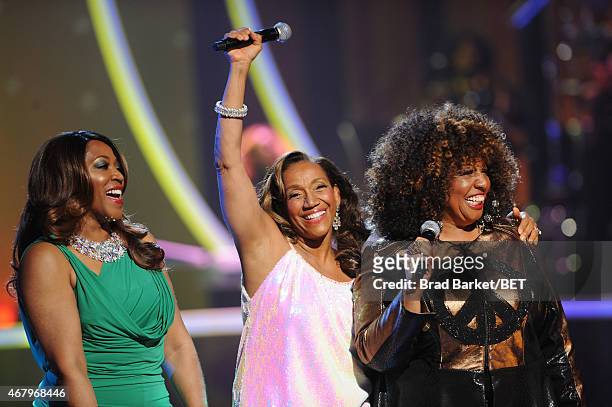 Singers Alicia Myers, Kathy Sledge and Cheryl Lynn perform on "Black Girls Rock!" BET Special at NJPAC  Prudential Hall on March 28, 2015 in Newark,...