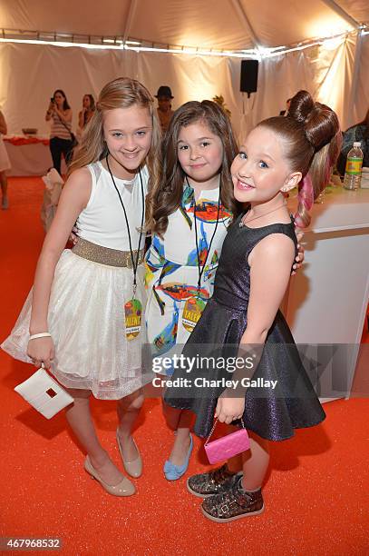 Actresses Lizzy Greene, Addison Riecke and Ella Anderson attend Nickelodeon's 28th Annual Kids' Choice Awards held at The Forum on March 28, 2015 in...