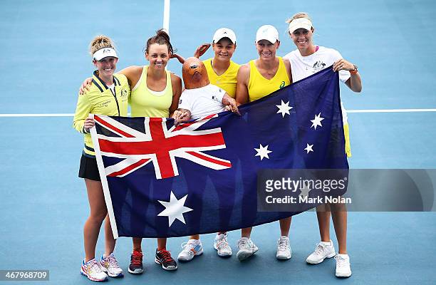 Storm Sanders, Casey Dellacqua, Ashleigh Barty, Samantha Stosur and Alicia Molik of Australia after the Fed Cup tie between Australia and Russia at...