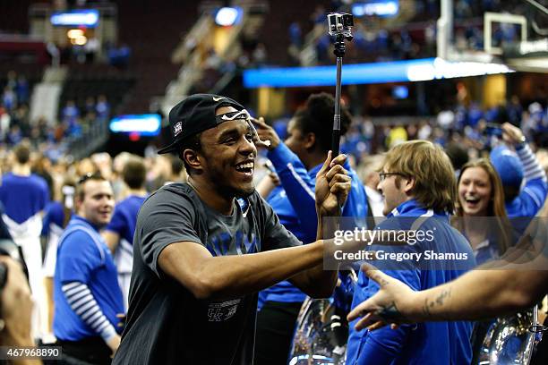 Floreal of the Kentucky Wildcats celebrates after defeating the Notre Dame Fighting Irish during the Midwest Regional Final of the 2015 NCAA Men's...