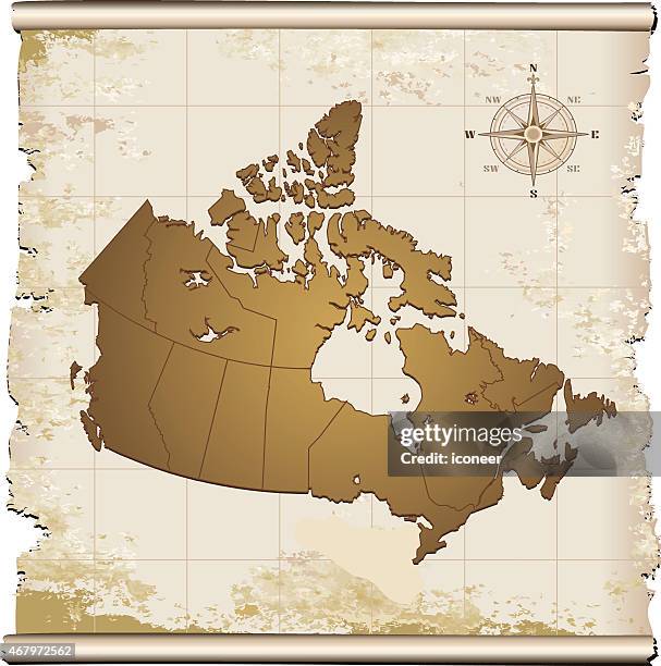 canada map with compass rose on brown background - scroll border stock illustrations