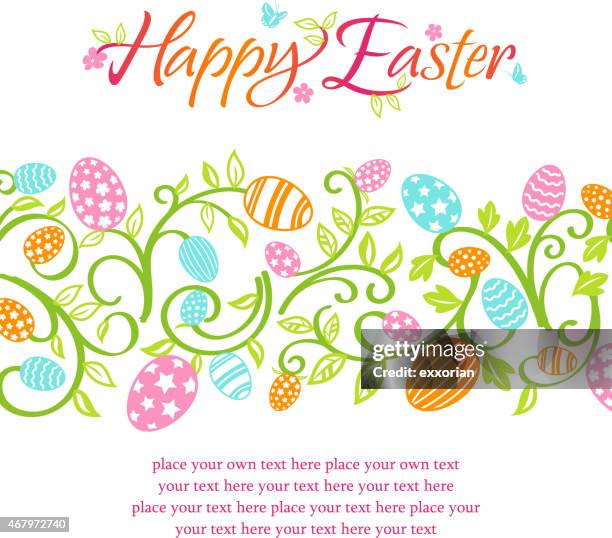 happy easter eggs floral banner - easter egg white background stock illustrations