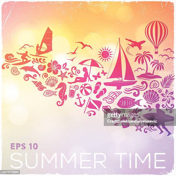 stockillustraties, clipart, cartoons en iconen met summer icons over defocused sunset background - sea horse