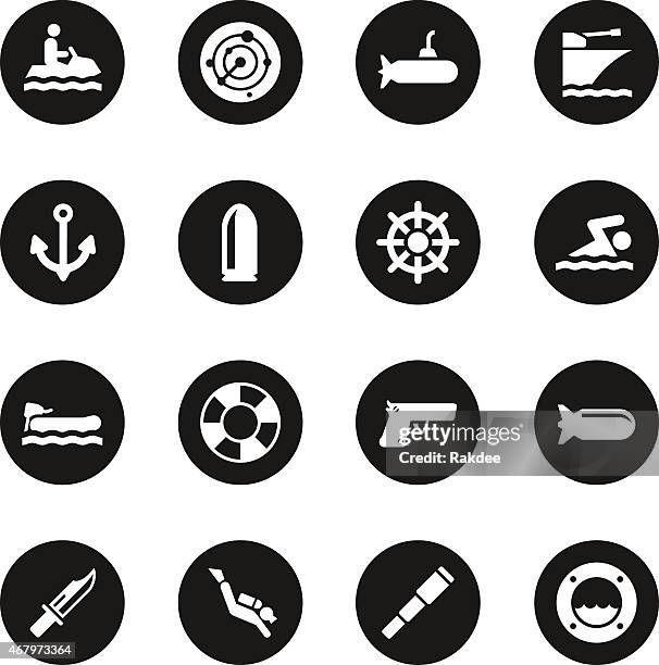 navy icons - black circle series - motorboating stock illustrations