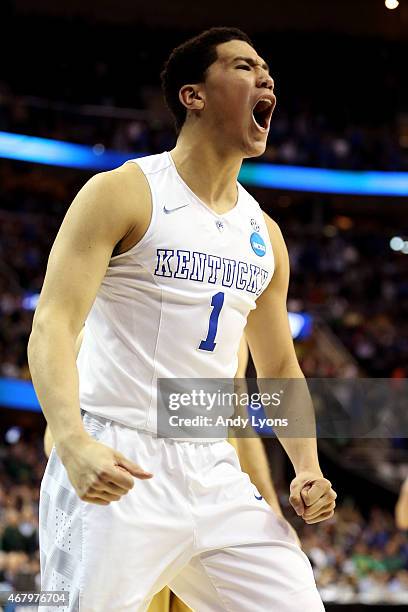 Devin Booker of the Kentucky Wildcats reacts after a play late in the second half against the Notre Dame Fighting Irish during the Midwest Regional...