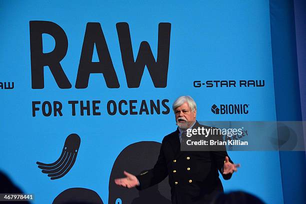 Captain Paul Watson speaks during the RAW For The Oceans Press Conference at the American Museum of Natural History on February 8, 2014 in New York...