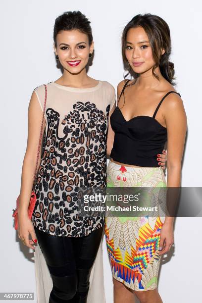 Actresses Victoria Justice and Jamie Chung attend the Mara Hoffman show during Mercedes-Benz Fashion Week Fall 2014 at The Salon at Lincoln Center on...
