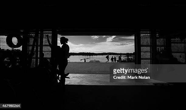 Rowers prepare in the shed and warm up lake during the Sydney International Rowing Regatta on March 29, 2015 in Penrith, Australia.