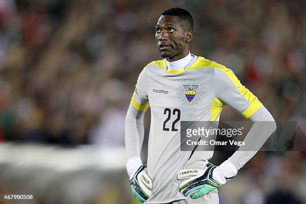 Alexander Dominguez goalkeeper of Ecuador looks on during a friendly match between Mexico and Ecuador at Memorial Coliseum Stadium on March 28, 2015...
