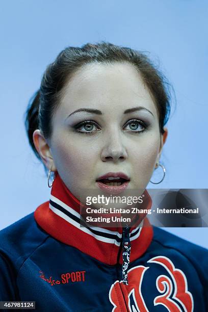 Elizaveta Tuktamysheva of Russia reacts after competing in the Ice Dance-Ladies Free Skating on day four of the 2015 ISU World Figure Skating...