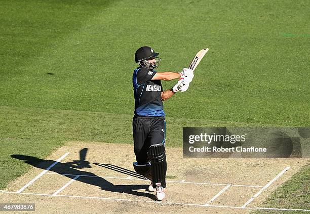 Grant Elliott of New Zealand bats during the 2015 ICC Cricket World Cup final match between Australia and New Zealand at Melbourne Cricket Ground on...