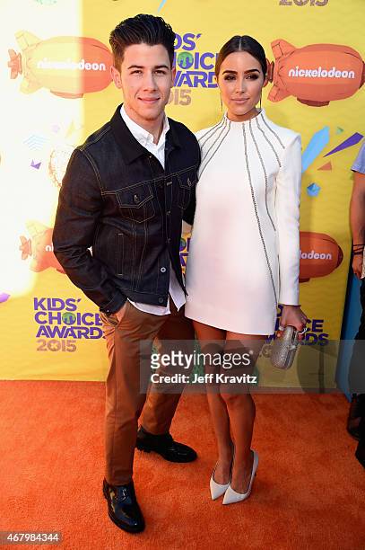 Host Nick Jonas and model Olivia Culpo attend Nickelodeon's 28th Annual Kids' Choice Awards held at The Forum on March 28, 2015 in Inglewood,...