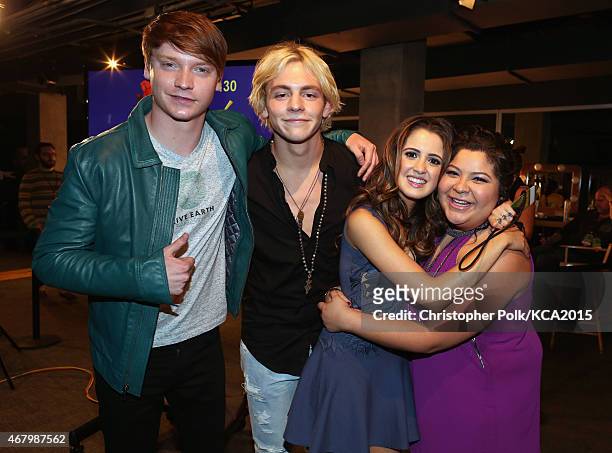 Actors Calum Worthy, Ross Lynch, Laura Marano, and Raini Rodriguez attend Nickelodeon's 28th Annual Kids' Choice Awards held at The Forum on March...