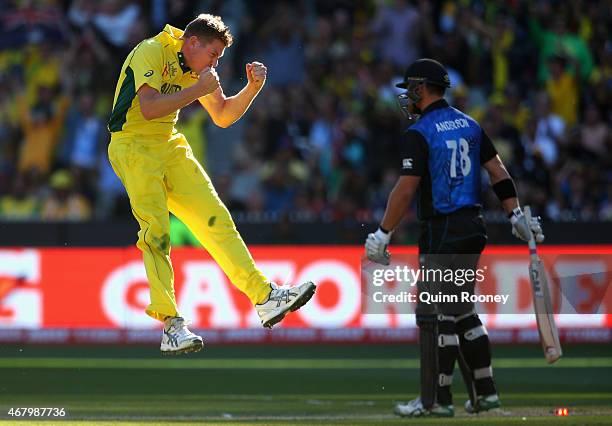 James Faulkner of Australia celebrates getting the wicket of Corey Anderson of New Zealand during the 2015 ICC Cricket World Cup final match between...