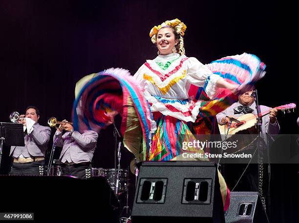 Fiesta costumed dancers perform during Mariachi and Banda Musician Ezequiel Peñas performance at Route 66 Casinos Legends Theater on March 28, 2015...